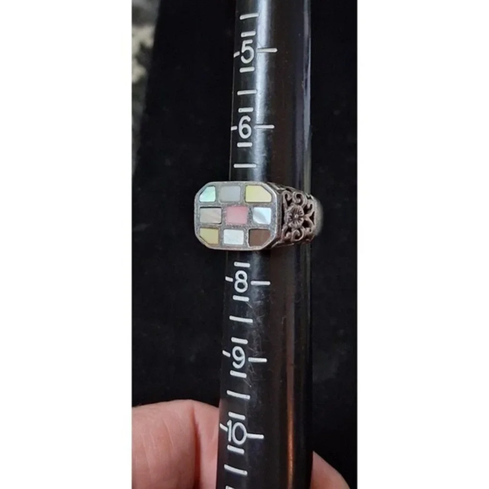 Sterling silver mosaic Abalone inlay Statement ring Size 7/ 1960s